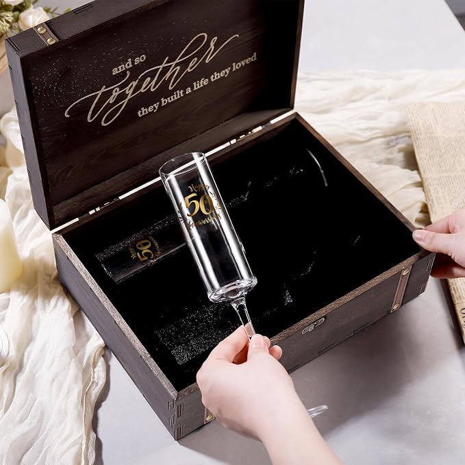 Physkoa Happy 50th Anniversary Champagne Flutes Set –Elegant Golden Wedding Anniversary Present from Friends –Crystal Toasting Glasses with Gold Lettering & Gift Box for Couples