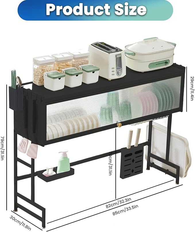 Dish Drying Rack, 3 Tier Over The Sink Dish Drainer Drying Rack, 33.5" Over Sink Dish Rack, Space-Saving Kitchen Sink Organizer, Large Drying Rack with Cover Baskets Black