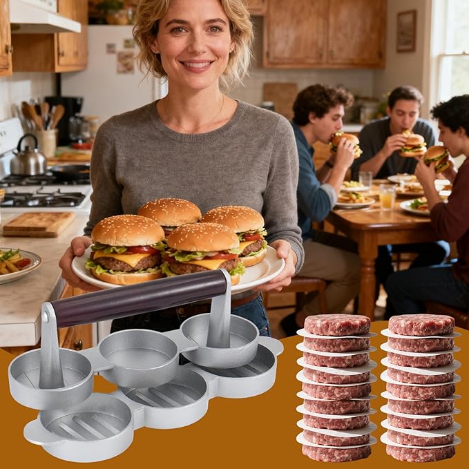 Mini Burger Press Small Meat Patty Maker with 200 Patty Papers Round Shape Press Patty Maker for Mini Hamburger, Barbecue, Picnic, Camping, Three 2.56-inch molds (3 Slots+200 Patty Papers)