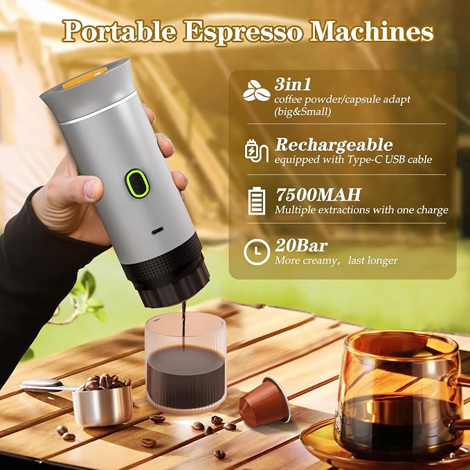 Portable Espresso Maker, Travel Coffee Maker for camping, Portable Espresso Machine with USB-C, 3-in-1 Small Espresso Machine with Ground Coffee & Capsules (NS＆DG) for RV, Hiking (Silver)