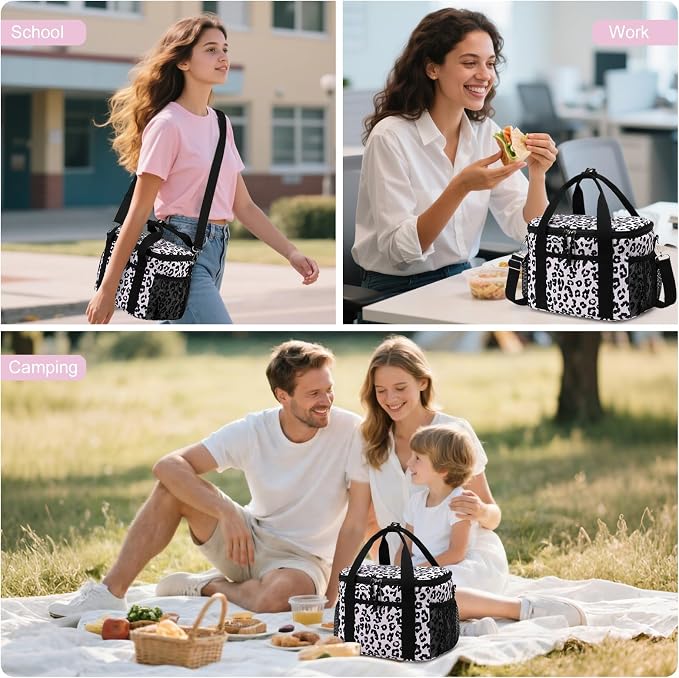 BTOOP Insulated Lunch Box for Women, Cute Corduroy Lunch Bag with Shoulder Strap, Leakproof Wide-Open Lunch Tote for Work, Office, School, Picnic, Pink-Leopard