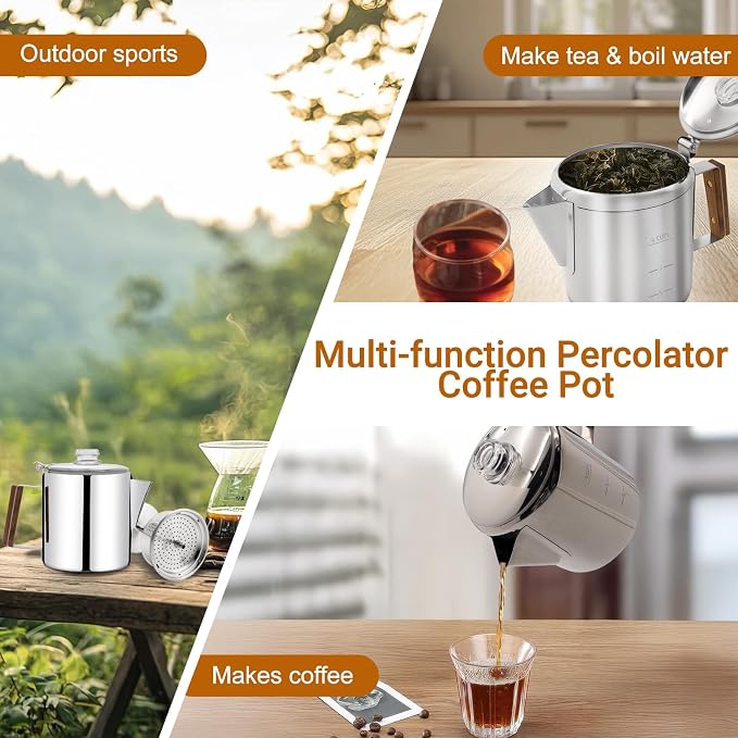 No Coating 9 Cup Percolator Coffee Pot 304 Stainless Steel Moka Pot Stovetop Espresso Maker Italian Greca Cuban Machine 1500ml 50.7oz Suitable for Gas Induction Stovetop Camping Kettle