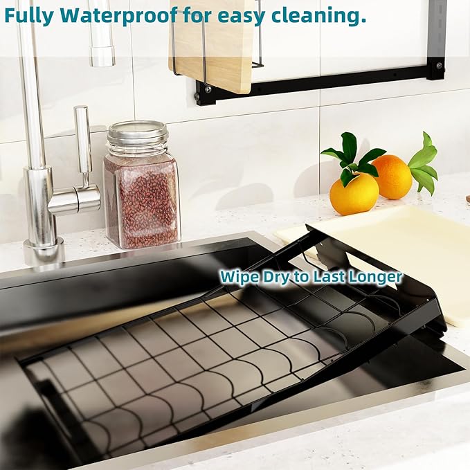 Hanging Wall Mounted Dish Drying Rack with Cutting Board Rack*1, Hook*4, Drain Tray*2, Apartment & RV Wall Mounted Dish Rack, Adhesive Mountable, 2 Layers & 16“ Long, Counter Free (Black)