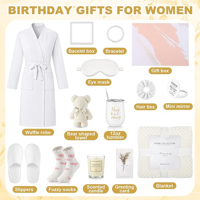 Sieral 14 Pcs Birthday Gifts for Women Care Blanket Gifts Set Spa Baskets Get Well Soon Gift Baskets Mother's Day Gift for Women Mom Her Girlfriend Sister Daughter Friend Wife Grandma(White)