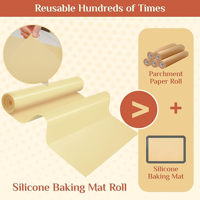 Silicone Baking Mat, 12 IN x 10 FT Free Cutting Baking Sheet,Non-Stick Reusable Dough & Pastry Mat,Non-Slip Silicone Mat Roll for Air Fryer Liner,Freeze Dryer,Oven Baking Pan,Kitchen Counter
