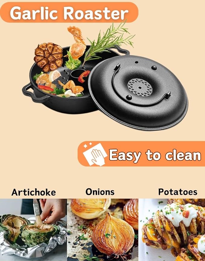 Large Garlic Roaster, Cast Iron Garlic Roaster for Oven Grill, Cast Iron Skillets Pan for BBQ, Picnic Garlic Baker with 2 Garlic Presses