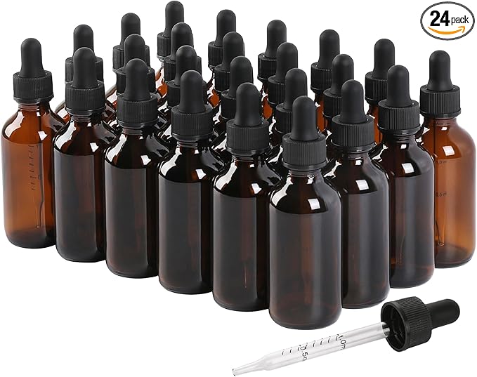 NOOEEISS 24 Pack, 2oz Glass Dropper Bottle, Preety Texture Tincture Bottles with Precise Scales Eye Droppe, for All Kinds Of Mixed Liquids,Leak-Proof Design for Easy Travel (Amber)