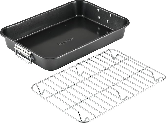 Farberware Bakeware Nonstick Roaster with Flat Rack, Roasting Pan with Rack For Home Cooking, 11-Inch x 15-Inch, Gray