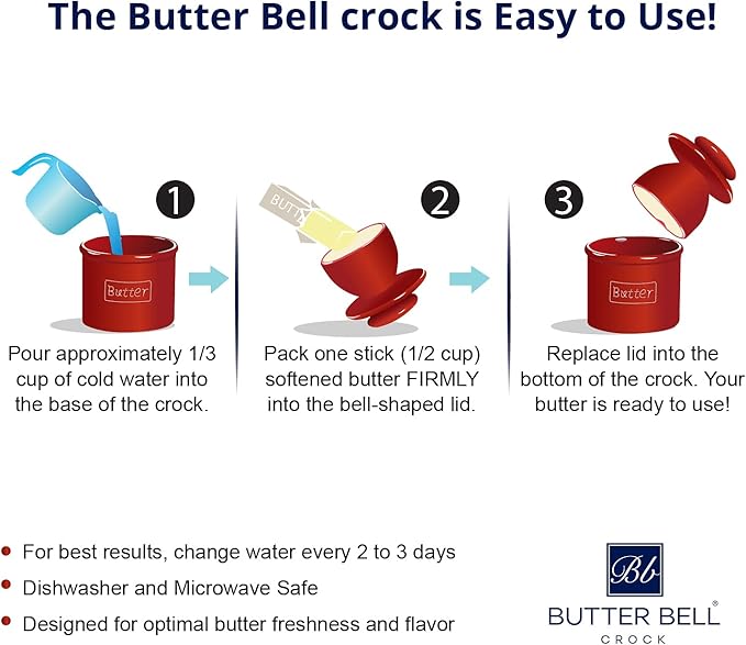 Butter Bell - The Original Butter Bell crock by L Tremain, a Countertop French Ceramic Butter Dish Keeper for Spreadable Butter, Antique Collection, White Linen