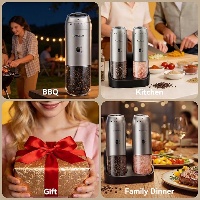 Electric Salt and Pepper Grinder Set, Dual-Speed Automatic Gravity Pepper Grinder with Charging Base, Adjustable Coarseness, LED Light, 5.95oz Large Capacity, Stainless Steel Spice Mill for Kitchen