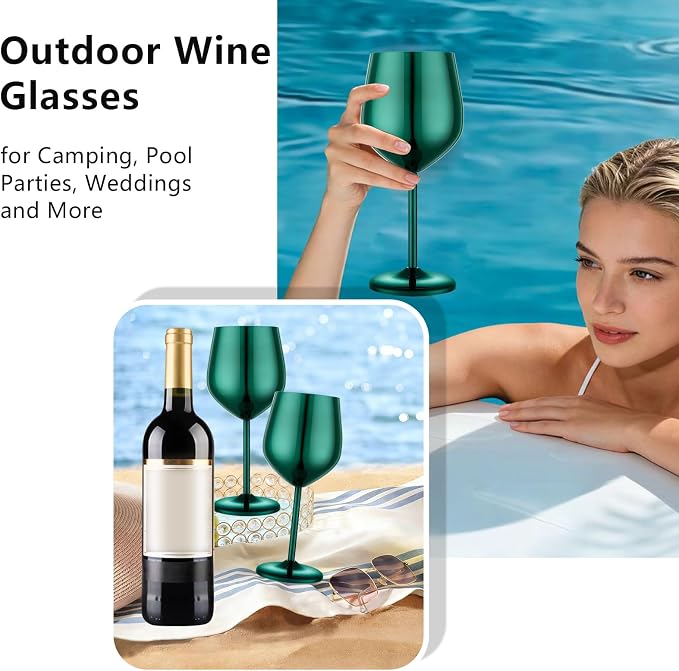 UNISWEET Stainless Steel Wine Glasses Set of 4 Unbreakable Wine Glass 18 oz Unique Metal Wine Goblets for Outdoor, Travel, Camping, Pool, Ideal Gift for Wine Lovers (Green)