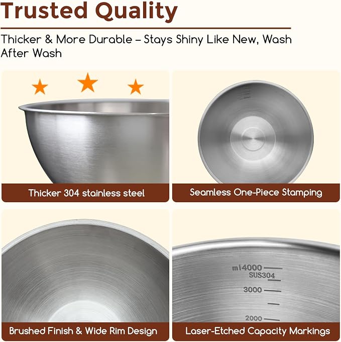 Gronivex 304 Stainless Steel Mixing Bowls, 4-Piece (1.5, 2.2, 3.4 & 4.2 Qt) | Food-Grade Metal,Dishwasher Safety,Stackable Nesting & Space-Saving, For home baking, salads, cooking, and RV or grilling use