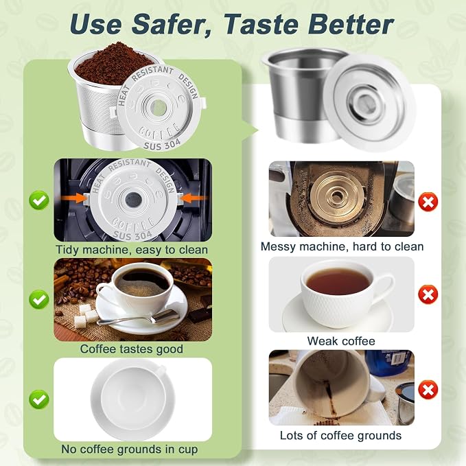 NESSUS K Cup Reusable Coffee Pods for Keurig 1.0, Stainless steel Reusable K Cups, Metal K Cups for Keurig Coffee Pods Reusable with Heat Resistant Handles and Coffee Scoop, NO BPA, 4 Pack