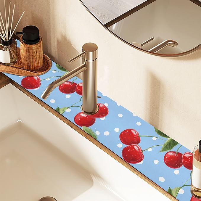 Kitchen Sink Splash Guard 1 PC 14.7 Inch Sink Faucet Mat Splash Guard for Bathroom Countertop Water Absorbent Foldable Cuttable Soft Washable Light Blue Dots Red Cherry