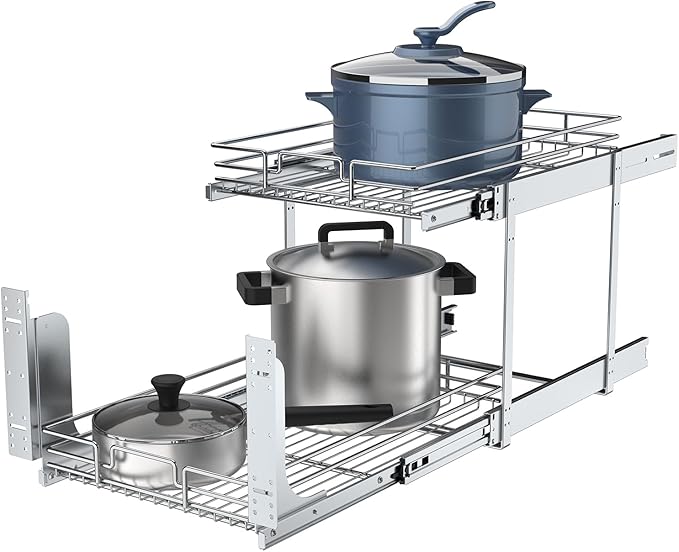 2 Tier Pull Out Cabinet Organizer, 23" W x 21" D Heavy-Duty Metal Sliding Drawer Shelf for Kitchen Cabinets, Chrome, Doesn't Include Door Fittings