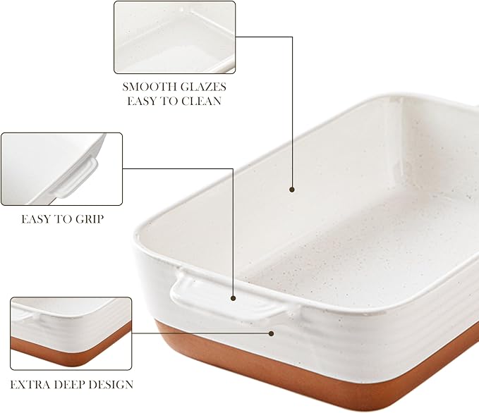 MALACASA 9x13 Ceramic Baking Dish, 4.8 QT Deep Casserole Dish with Handles, Oven Safe Lasagna Pan for Baking, Roasting & Serving, Rectangular Bakeware, Khaki & White, Tara