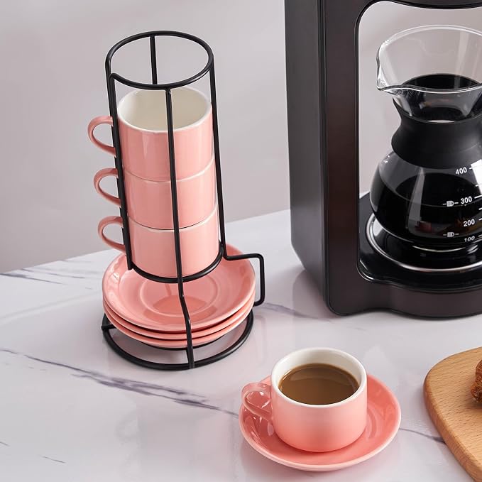2.5oz Espresso Cups Set of 4, Porcelain Stackable Espresso Cups with Saucers and Metal Stand Set, Pink Expresso Shots Cup Set