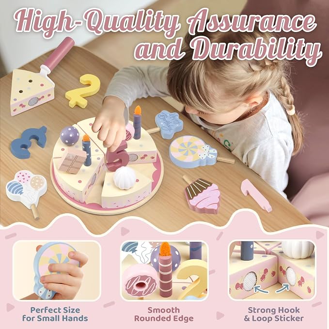 Wooden Birthday Party Cake Play Food Sets for Toddler 3 4 5 Year Old Girls Boys Kids Kitchen Accessories Pretend Play Toy Gift Educational Toys