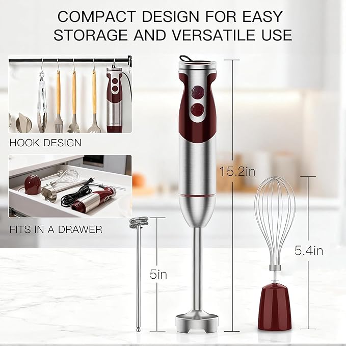 Megawise 3-in-1 Hand Blender – 12-Speed, Includes Powerful Blender Stick, Whisk, and Milk Frother – Easy to Clean and Perfect for Smoothies, and More (Red)