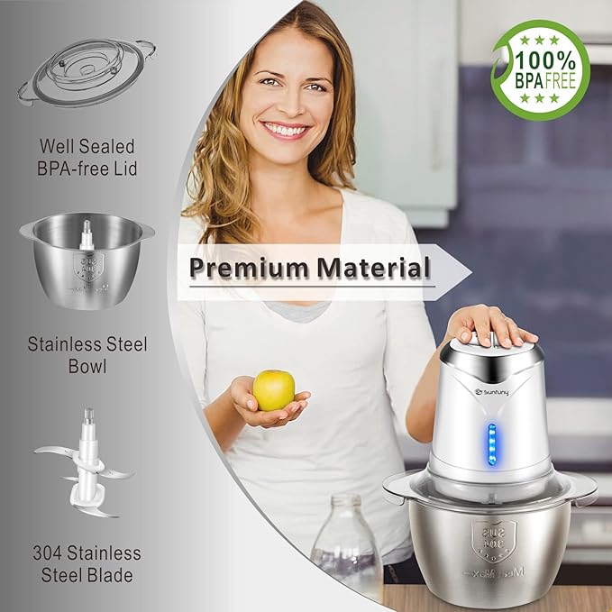Food Processor Cordless Vegetable Chopper with 5 Cup Stainless Steel Bowl＆6000mAh USB Rechargeable Battery, Electric Garlic Meat Choppers BPA-free Baby Food Processors Blender Mincert(White)