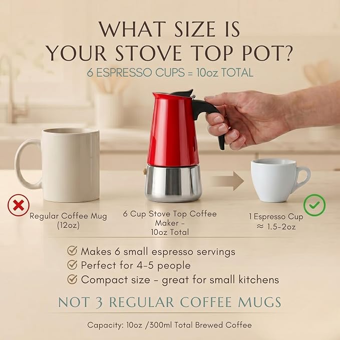 Mixpresso Red 6 Cup Greca Stovetop Espresso Pot 300ml/10oz, Moka Pot with Coffee Percolator Design, Stainless Steel Stove Top Coffee Maker for Camping or Home Use,Italian Stovetop Espresso Maker
