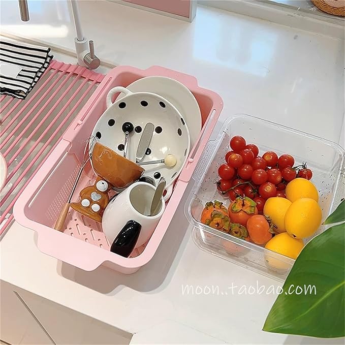 Plastic Dish Drying Rack for Kitchen Counter, Anti-Slip Dish Drainer Over the Sink, Extendable Dish Rack Cutlery Holder(Pink)