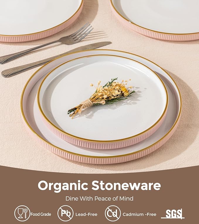 GBHOME Stoneware Dinnerware Sets for 4, 12 Pieces Lightweight Ceramic Ribbed Plates and Bowls Set, Reactive Glaze Stackable Plate Sets, Scratch Resistant Dishes, Microwave & Dishwasher Safe,Pink