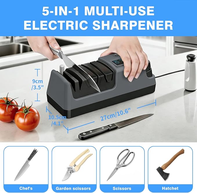 5-in-1 Electric Knife Sharpener for Kitchen Knives, Scissor Sharpener with 3-Speed & 100% Diamond Abrasives-Quickly Sharpening for Straight, Serrated, Meat Cleaver, Ceramic Knives & Kitchen Knives