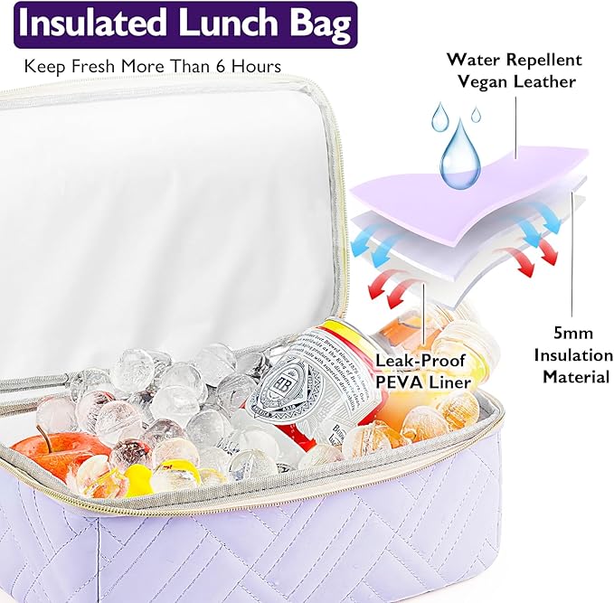 Double Deck Lunch Box Bag Women - Vegan Leather Insulated Waterproof Leakproof Cooler for Work Travel Picnics - Teacher Mothers Day Christmas Birthday Gifts