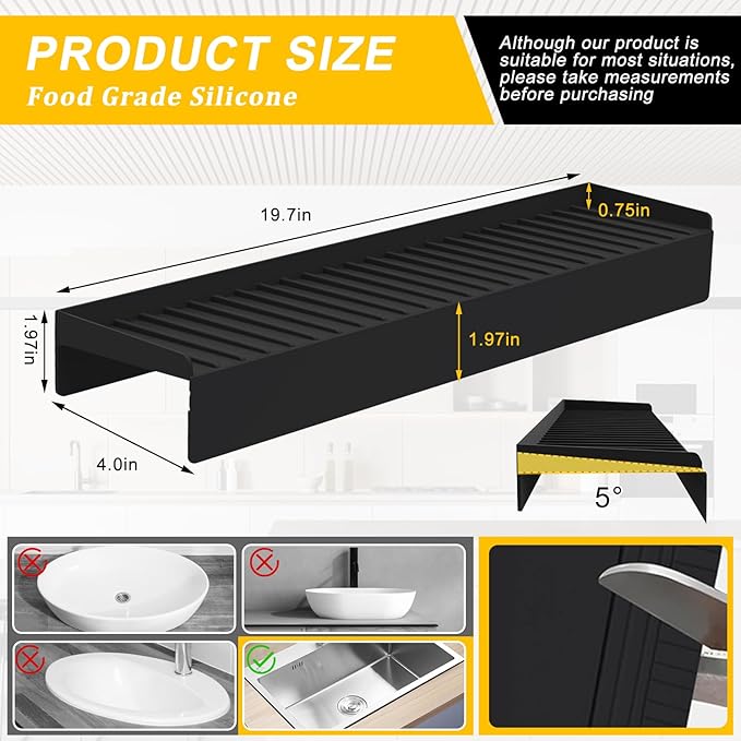 Kitlers Silicone Edge Protectors - Multifunction Sink Accessories, Splash Guard & Draining Mat for Kitchen, Bathroom Sink, Steel, Granite, Quartz Countertops(Black)