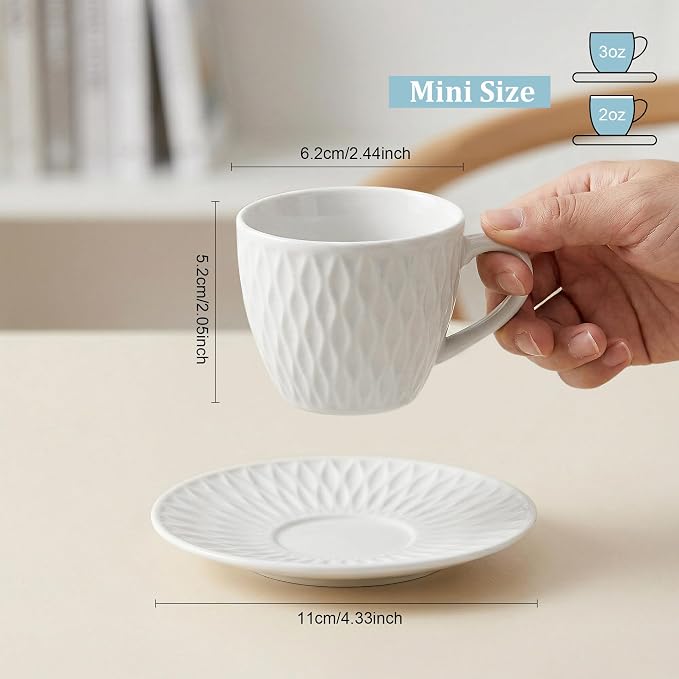 3-Ounce Espresso Cups Set of 6, Mini Coffee Cups with Saucers, Ceramic Demitasse Mugs Cappuccino Cup, Suit for Espresso Machine & Coffee Maker, Microwave Dishwasher Safe, Gift for Housewarming Wedding