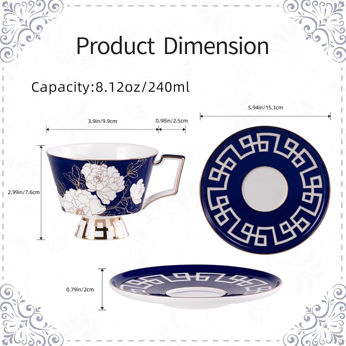 KAMMAK Ceramic Coffee Cups Saucers Set of 2, Porcelain Espresso Cups with Saucers, 8.12 oz Handcrafted Elegant Bone China Tea Cups, Peony Flower Pattern Teacup for Party, Office, Women Gift