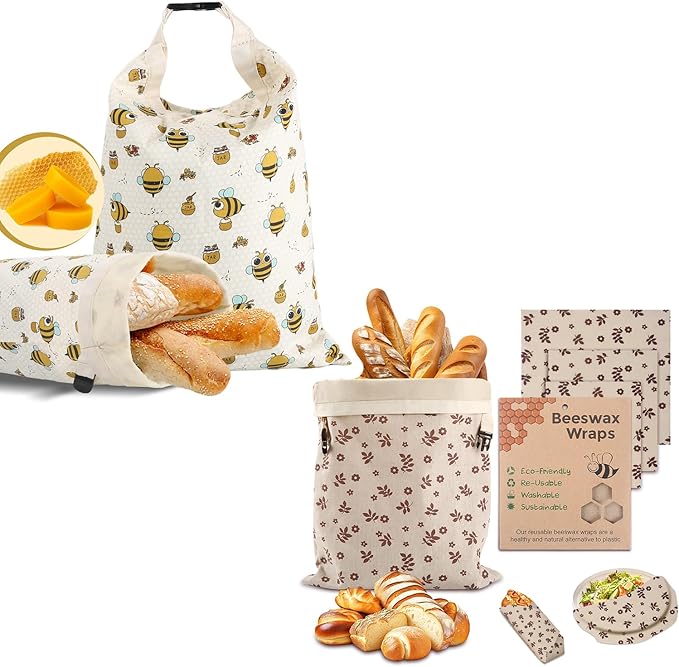 Honeybee Pattern Reusable Beeswax Bread Bags&Coffee Leaf Print Beeswax Wraps for Food