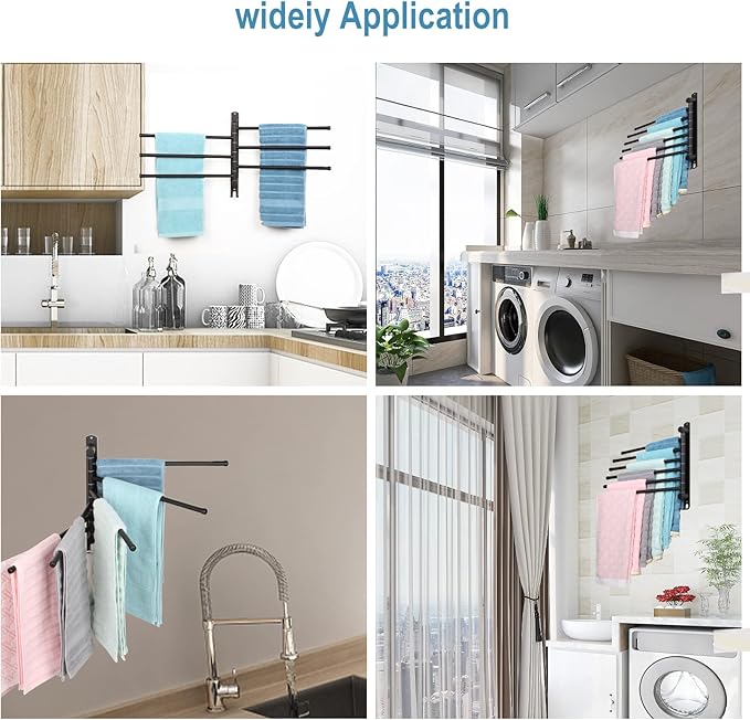6-Arm Swivel Towel Rack - 180° Rotating Wall Mounted - 304 Stainless Steel Rustproof - Heavy Duty Space Saving for Bathroom Kitchen Laundry Room (Matte Black)