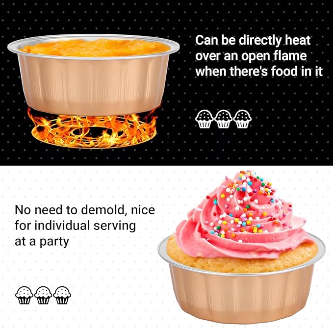 Beasea Aluminum Ramekins, 8oz 200 Pack Disposable Ramekins Foil Cups Baking 3.9" Ramekin Cup Cupcake Aluminum Mini Baking Cups for Party - Rose Gold