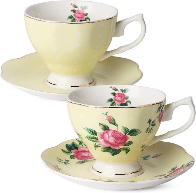 BTaT- Floral Tea Cups and Saucers, Set of 2, 8 oz, Fine Porcelain Teacup Set with Gold Trim for Afternoon Tea, Weddings, Parties & Gifting, Dishwasher Safe, Lightweight, Non-Toxic