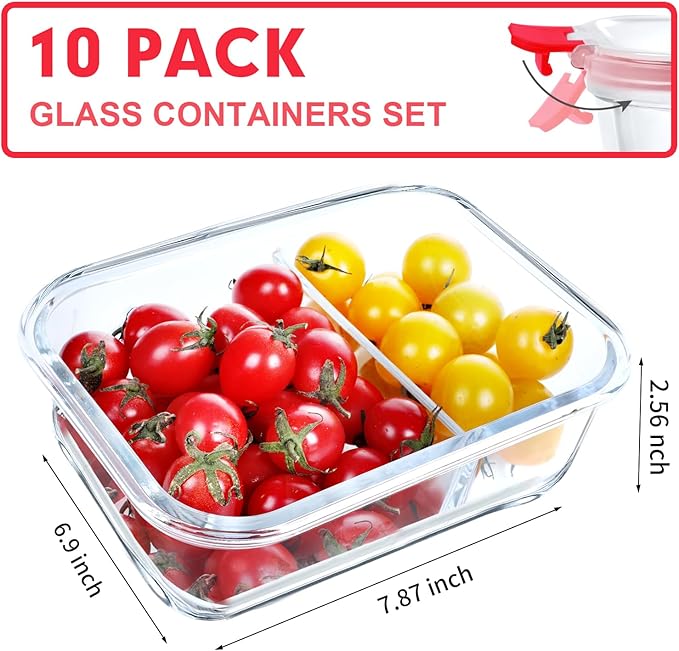 VERONES 10 Pack Glass Meal Prep Containers 2 Compartment Set, 30 OZ Airtight Glass Lunch Containers, Glass Food Storage Containers with Lids, for Microwave, Oven, Freezer & Dishwasher Friendly，Red
