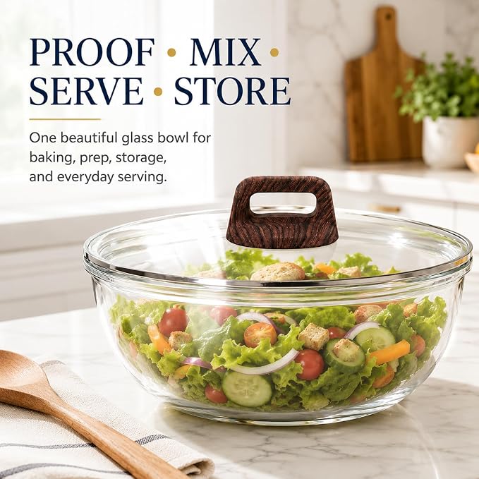 Large Glass Bowl for Sourdough Bread Making 6 QT Glass Mixing Bowl with Lid and Wood-Look Solid Bakelite Handle Clear Sourdough Bread Proofing Bowl with Cover Ideal for Baking