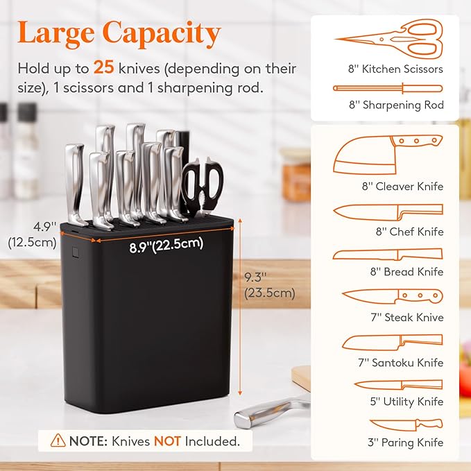 Lifewit Knife Block without Knives, Large Plastic Universal Knife Block Holder with Detachable Slots, Hold Up to 25 Knives, Scissors, and Sharpening Rods, Kitchen Storage Organizer for Counter, Black