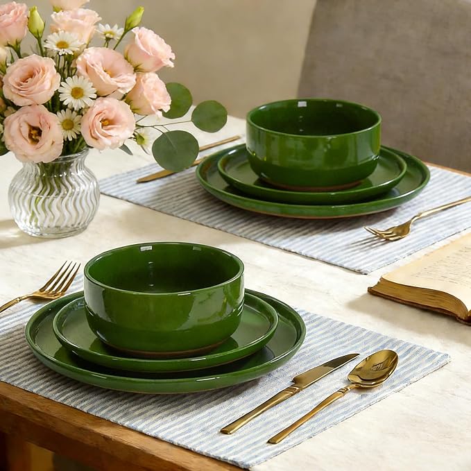 GZG Ceramic Dinner Plates Set of 4, 10.25 Inch Speckled Stoneware Plates with Clay-Tone Base, Large Ceramic Plates for Steak, Salad, Pizza, Microwave Oven Dishwasher Safe