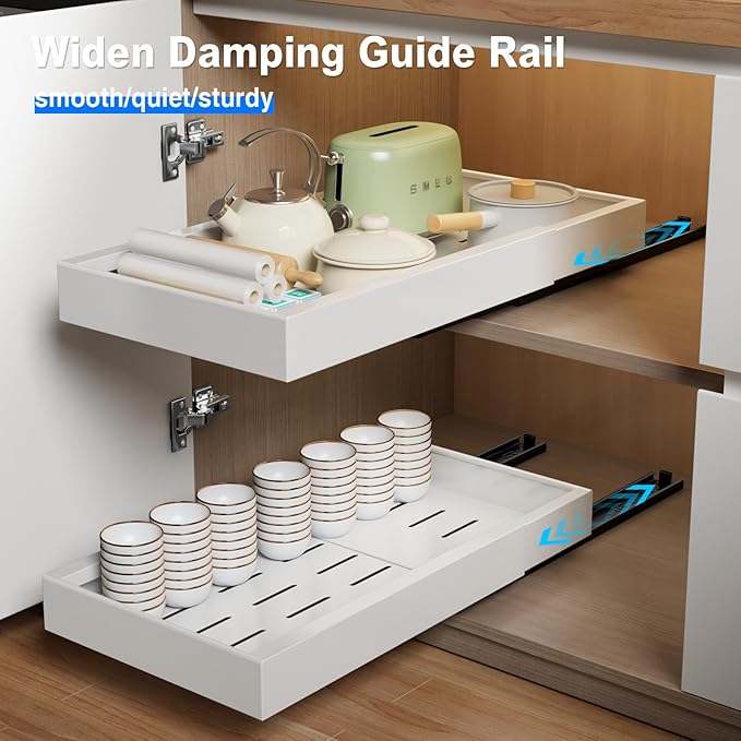Mustorn 2 Pack Pull Out Cabinet Organizer, Expandable Depth(16.5"-21.8) Slide Out Drawer & 4 Pack Tupperware and Tumbler Lid Organizer for Cabinet, Adhesive Cabinet Door Organizer(White)