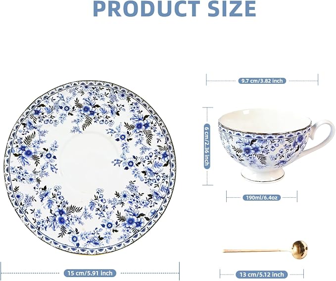 Vintage Floral Porcelain Tea Cup and Saucer Set with Gold Trim, Classic Blue Pattern Single Set