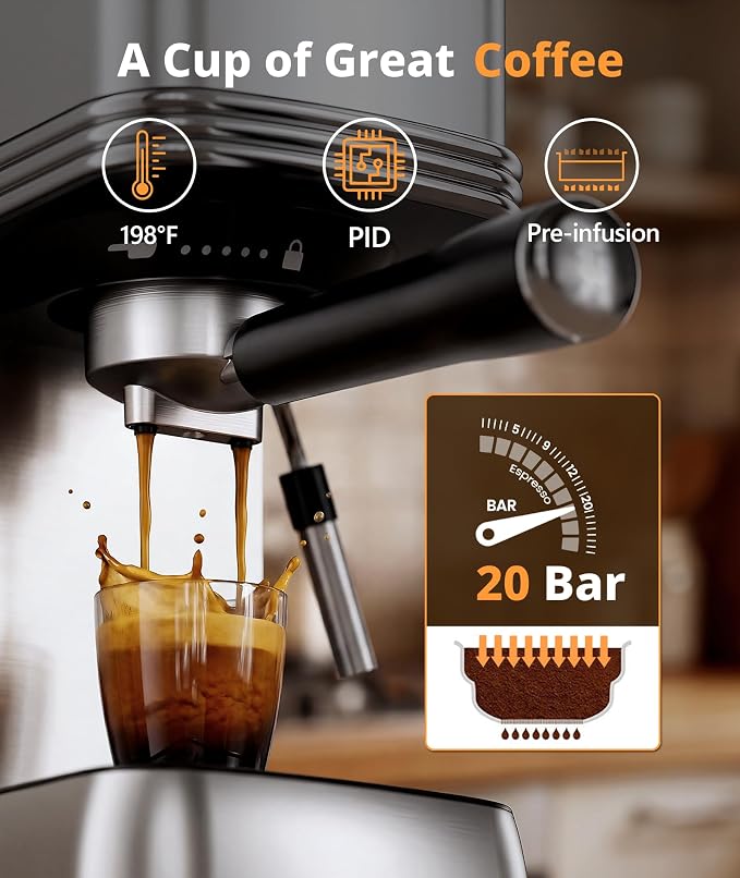 Electactic Compact Espresso Coffee Machine, Espresso Maker with Powerful Milk Frother for Cappuccino, Latte, Small Coffee Machine & Coffee Maker for Home, Apartments, Offices, Dorms, Silver