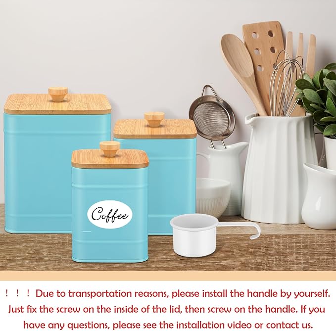 Tioncy Kitchen Canisters for Countertop Set of 3 Metal Canisters Sets with Bamboo Lids Spoon Airtight High Capacity Coffee Tea Sugar Flour Jars with DIY Labels Farmhouse Food Storage(Turquoise,L,M,S)