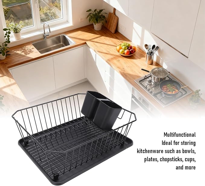 Asixxsix Dish Drying Rack, Stainless Steel Dish Drainer with Utensil Holder and Drainboard, Sink Organization and, 14" x 12" x 5" for Home and Apartment Decor (Black)