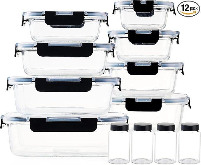 Glass Meal Prep Containers – 12-Piece Set with 8 Airtight Food Storage Boxes & 4 Leakproof Bottles for Sauces, Juices & Snacks – BPA-Free, Stackable, Microwave & Dishwasher Safe Meal Containers