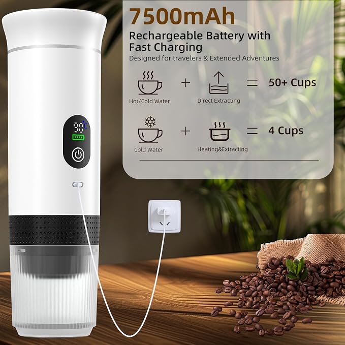 Portable Coffee Maker for Travel & Camping, Portable Espresso Maker with Bag, Rechargeable Cordless Battery Operated Coffee Makers for Ground Coffee, NS Capsule RV, Hiking, Office(White)