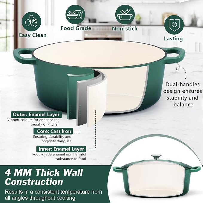 P&P CHEF Oval Dutch Oven with Lid, Enameled Cast Dutch Oven Pot for Bread Baking, Braising, Stewing, Roasting, Non-Stick & Oven Safe, Dual Handles & Easy Clean, 5QT & Dark Green, Valentine's Day