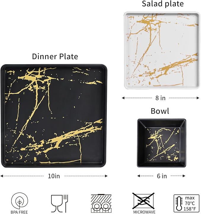 Square Melamine Dinnerware Sets of 12 Pcs,Square Plates and Bowls Sets,Unbreakable Dish Set for 4,Lightweight, Dishwasher Safe and BPA Free,Suit for RV,Camping （Black and White）