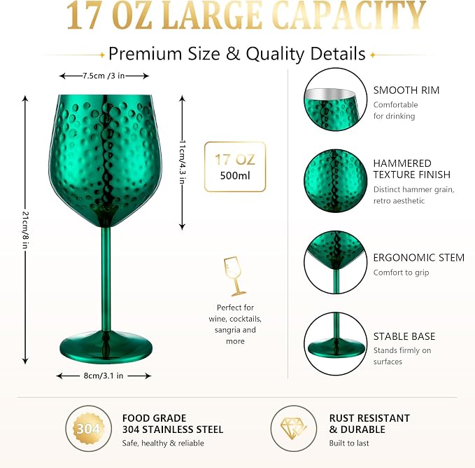 UNISWEET Stainless Steel Wine Glasses Set of 4 Unbreakable (Green) | 17 oz Large-capacity Hammered Goblets, Lightweight & Reusable, Good for Outdoor, Camping, Pool Travel, Gift for Wine Lovers
